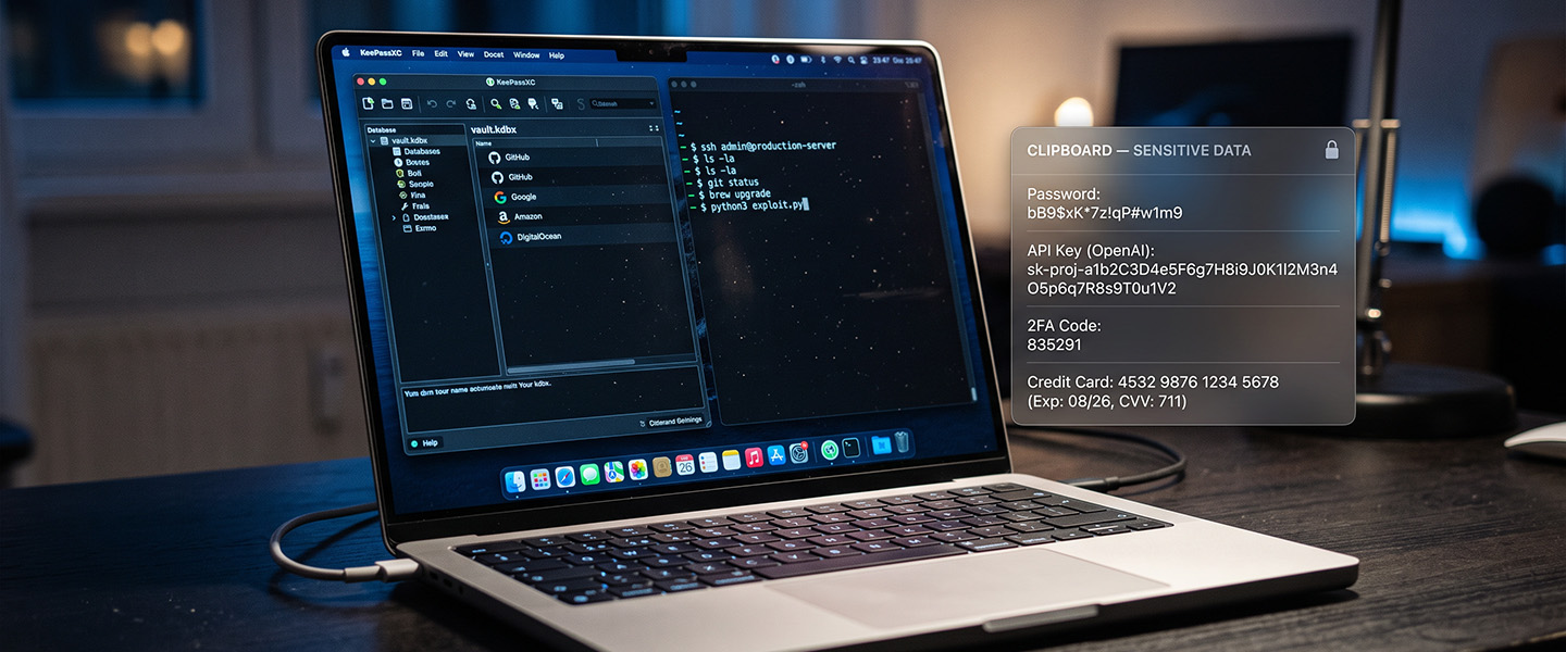 A MacBook showing a password manager and terminal, with a clipboard containing a password, API key, 2FA code, and credit card number.